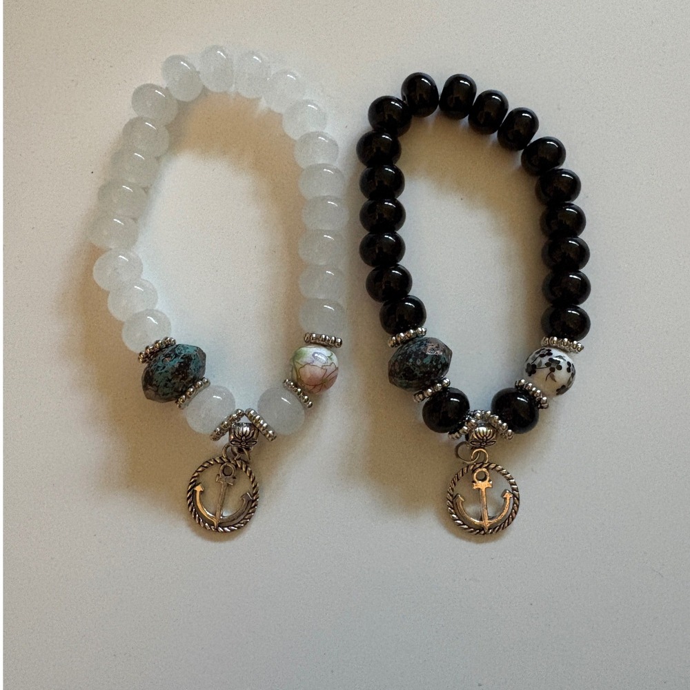 Set of 2 Nautical Anchor Bead Stretch Bracelets Black White Silver Tone Women